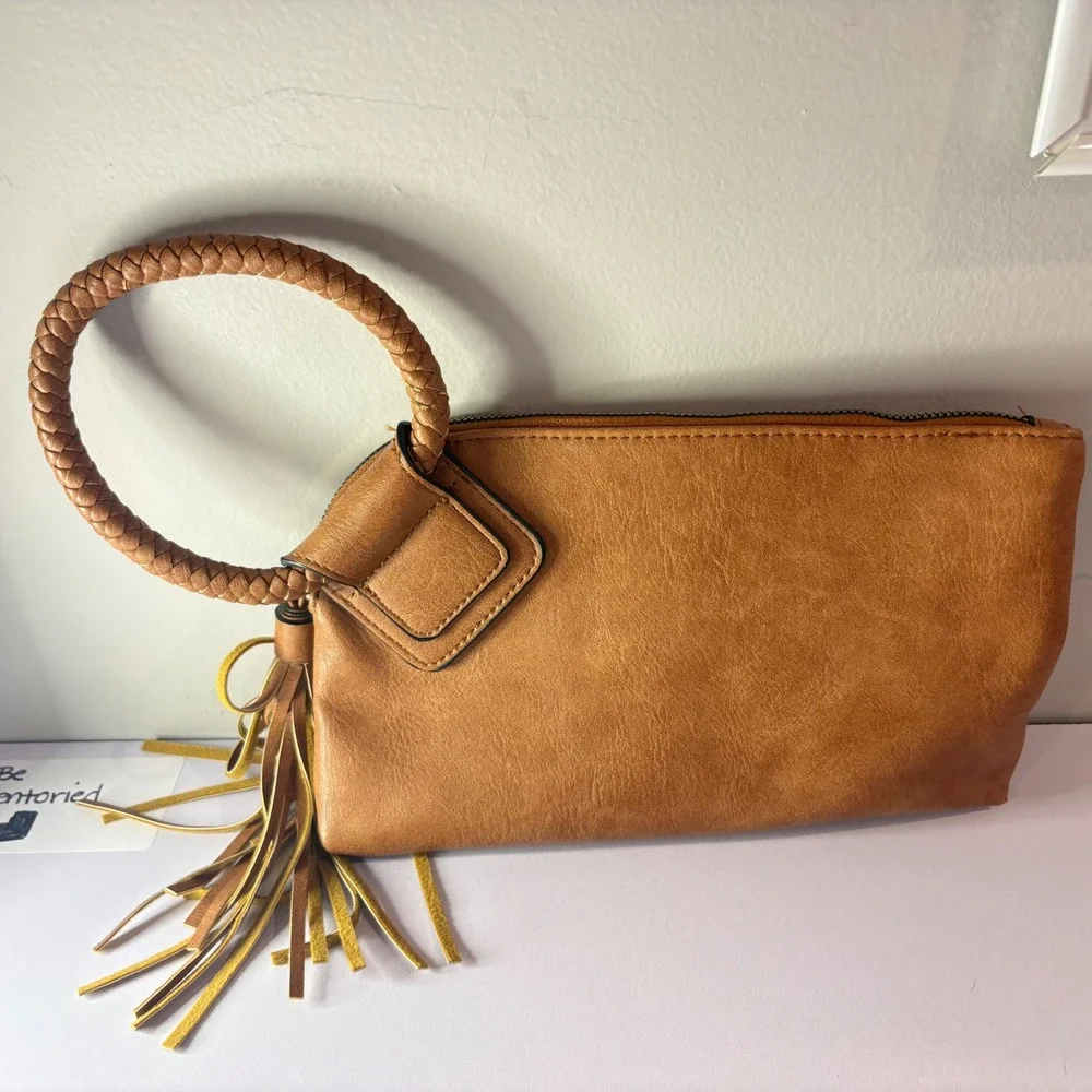 Tan Vegan Leather Tassel Clutch Braided Ring Handle Wristlet Boho Bag